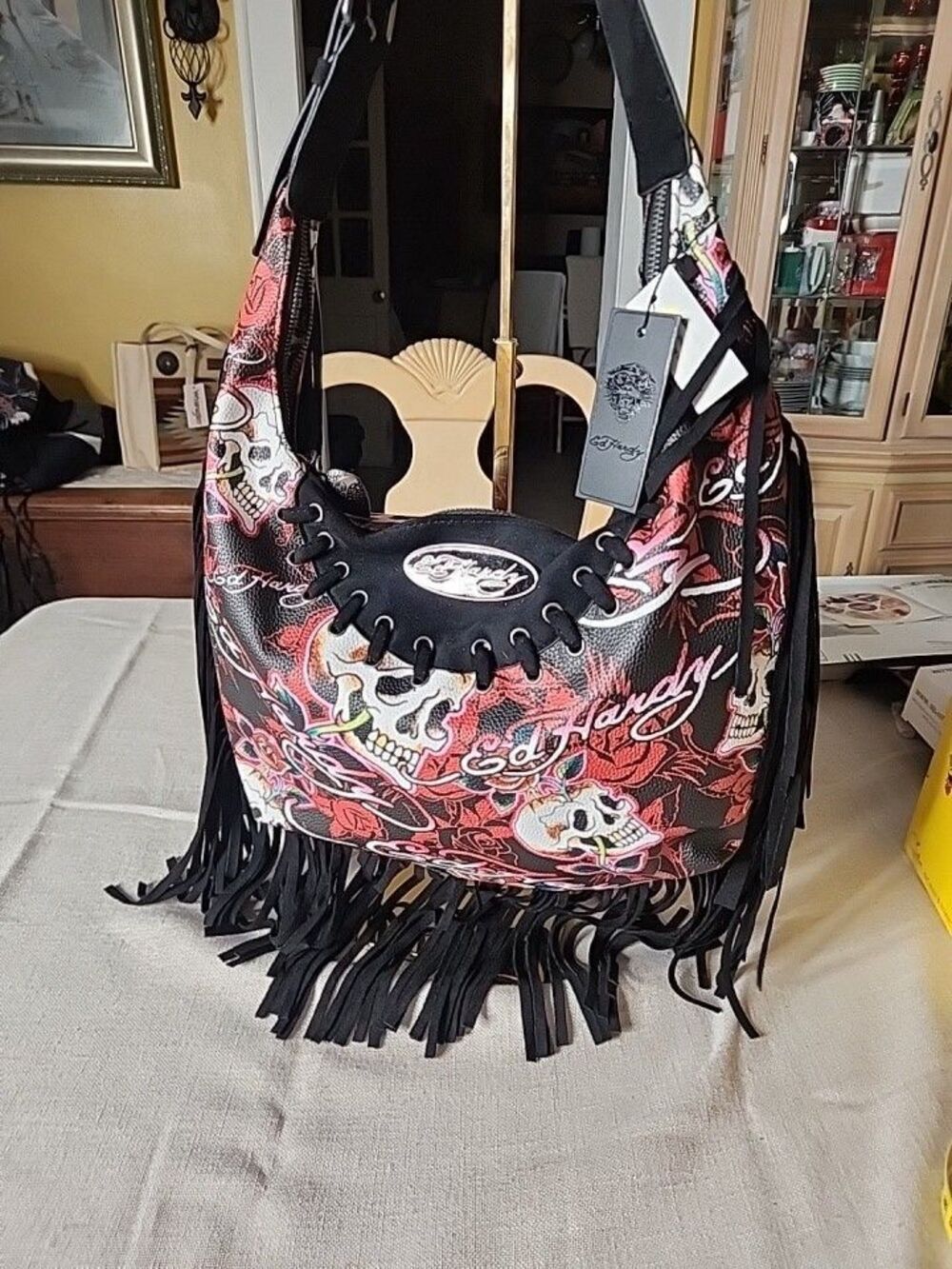 NWT Ed Hardy Fringed Hobo Shoulder Bag - Skulls & Roses - Red